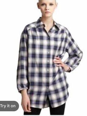 Vince Navy and White Plaid Button-Down Blouse